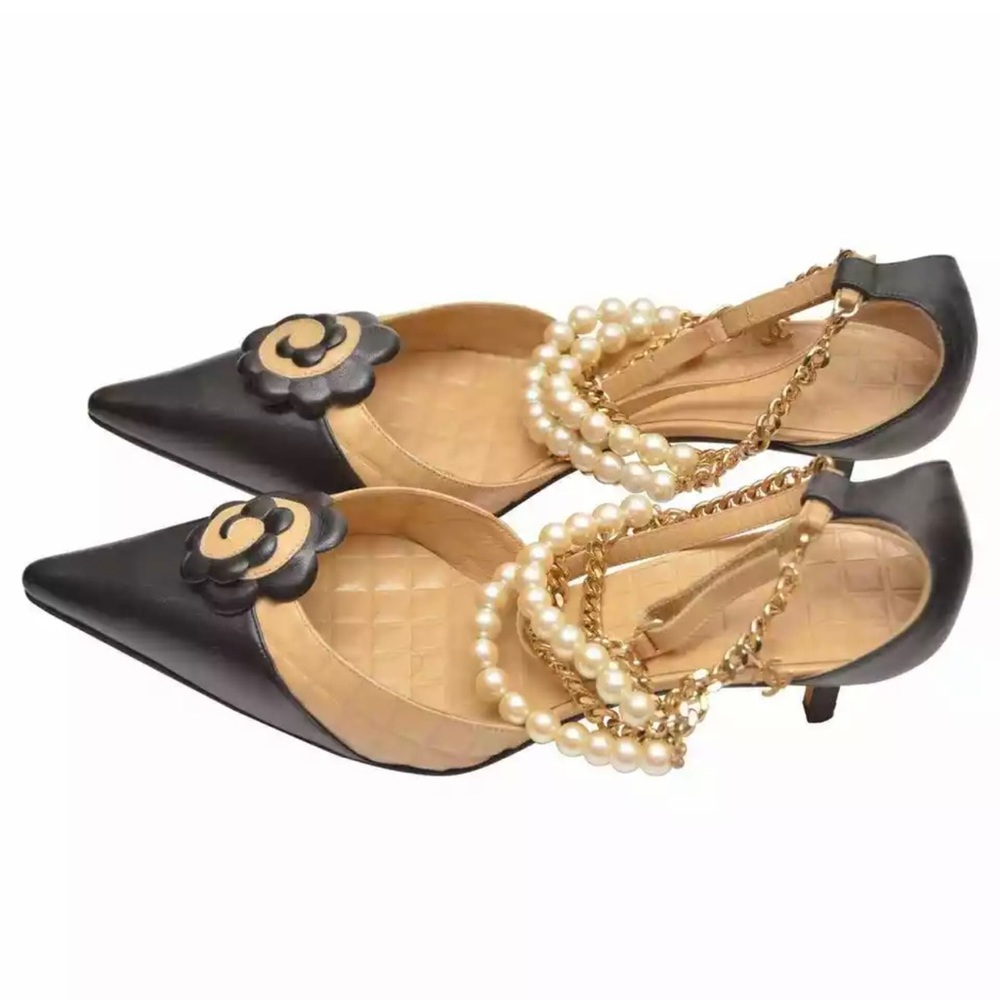 CHANEL Karl Lagerfeld Kitten Hill Camellia Chain Pearls Vintage Shoes 40 1/2